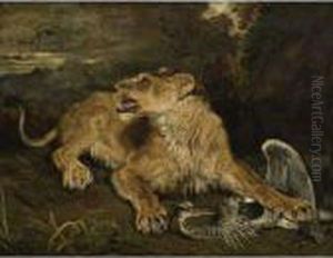 A Lioness With A Heron by James Ward