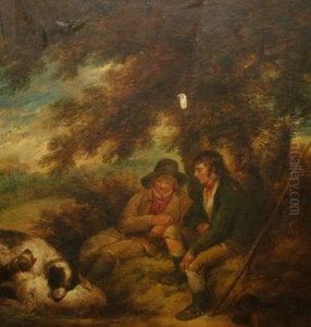 Two Shepherds With Their Dogs Resting Beneath A Tree by James Ward