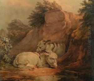 Two Donkeys Resting By A Rocky Outcrop by James Ward