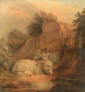 Two Donkeys Resting By A Rock Outcrop; Pen And Brownink And Watercolour by James Ward