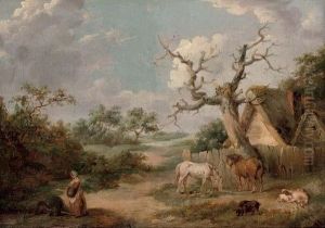 A Wooded Landscape With Figures In The Foreground And Horses And Pigs By A Cottage by James Ward