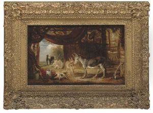 Donkeys And A Pig In A Barn With Cattle Beyond