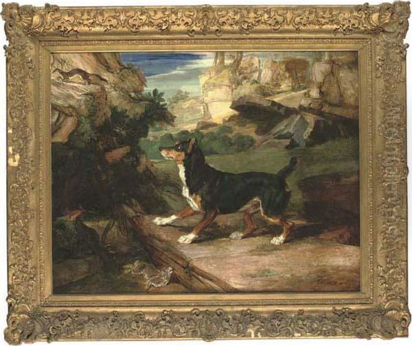 A Terrier, Stoat And Dead Rabbit In A Rocky Landscape - view 1