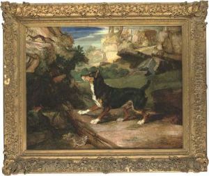 A Terrier, Stoat And Dead Rabbit In A Rocky Landscape A Terrier, Stoat And Dead Rabbit In A Rocky Landscape