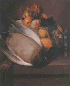 Still Life Of A Basket Of Fruit And Dead Game On A Ledge by James Ward