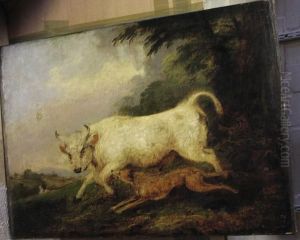 Landscape With Wolfhound Chasing A Bull, Oil On Canvas by James Ward
