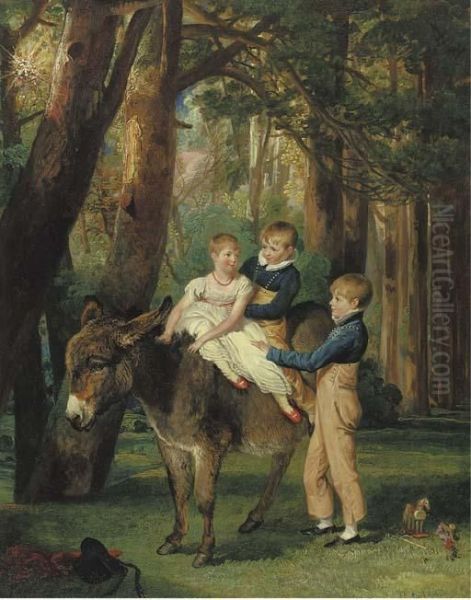 Group Portrait Of John, 
Theophilus And Frances Levett, Full-length, The Younger Two Seated On A 
Donkey, In A Wooded Landscape - view 1