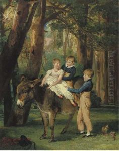Group Portrait Of John,
Theophilus And Frances Levett, Full-length, The Younger Two Seated On A
Donkey, In A Wooded Landscape by James Ward