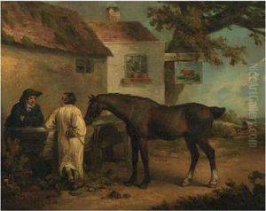 Horse And Groom At A Trough by James Ward