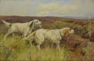 A Blue And An Orange Belton Setter In Moorland Landscape by Arthur Wardle