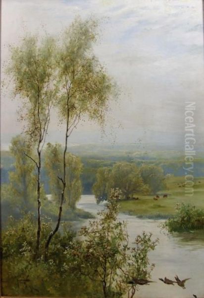 River Landscape With Mallards Rising To Foreground - view 1