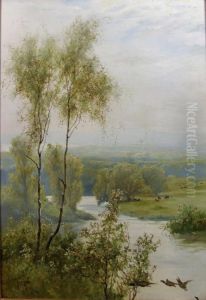 River Landscape With Mallards Rising To Foreground