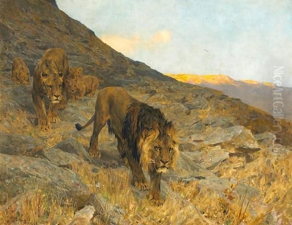 A Family Of Lions In A Rocky Landscape - view 1