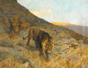 A Family Of Lions In A Rocky Landscape by Arthur Wardle