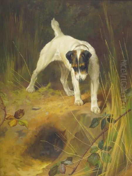 R.i., R.b.c., P.s. Terrier Standing Above A Rabbit Hole Bears A Signature - view 1