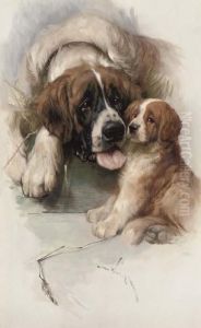 A St. Bernard And Puppy by Arthur Wardle