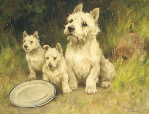 A West Highland White Terrier And Puppies In A Garden