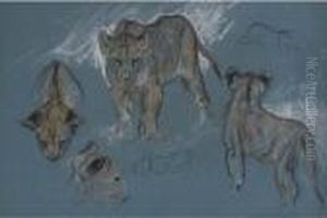 A Study Of Lion Cubs And A Leopard Cub by Arthur Wardle