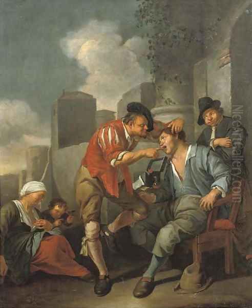 A dentist at work outside an archway - view 1