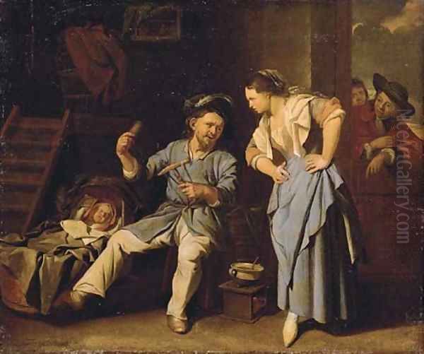 A man spinning yarn with a peasant woman and a baby in a wicker cot - view 1