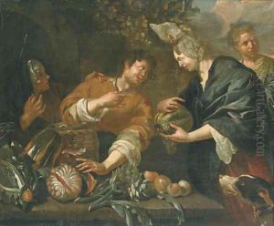 A lady buying fruit at a market stall by Jacob Toorenvliet