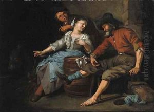 A maid entertaining travellers in a barn by Jacob Toorenvliet