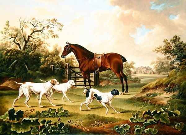 A Bay Hunter and Three Pointers in a Landscape with Lyston Hall Beyond - view 1