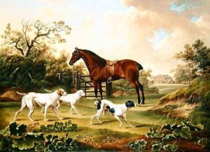 A Bay Hunter and Three Pointers in a Landscape with Lyston Hall Beyond by Charles Towne