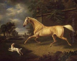 A Palomino frightened by an approaching storm with a spaniel