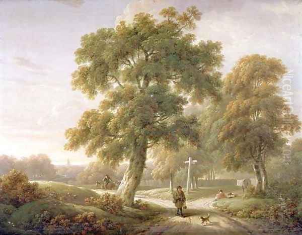 Travellers at a crossroads in wooded landscape - view 1