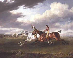 Two Racehorses with Jockeys up, Exercising in a Landscape by Charles Towne