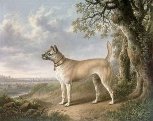 A Terrier on a path in a wooded landscape by Charles Towne
