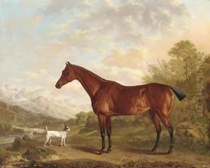 A bay hunter and terrier in a mountainous wooded landscape, a town and river beyond by Charles Towne