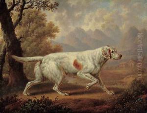 An English Setter in a wooded landscape, with pheasants in the foreground and mountains beyond by Charles Towne