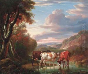 A mountainous river landscape with cattle watering by a pool by Charles Towne