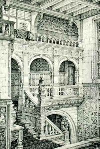 Staircase in Jacobean Style, from Examples of Ancient and Modern Furniture, by Bruce Talbert, 1876