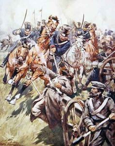 Cossack and Russian reeld from the sabre stroke, illustration from Ballads of Famous Fights, c.1900 by Dudley C. Tennant