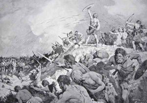 The Battle of Mons Badonicus, c.500 AD, illustration from The History of the Nation by Dudley C. Tennant
