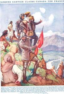 Jacques Cartier claims Canada for France, illustration from Newnes Pictorial Book of Knowledge by Dudley C. Tennant