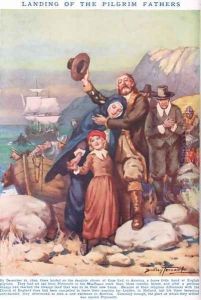 Landing of the Pilgrim Fathers, illustration from Newnes Pictorial Book of Knowledge by Dudley C. Tennant
