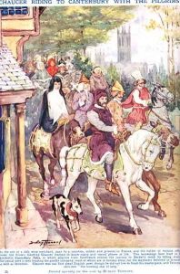 Chaucer riding to Canterbury with the pilgrims, illustration from Newnes Pictorial Book of Knowledge by Dudley C. Tennant