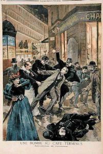 A Bomb at the Cafe Terminus, the Arrest of the Assassin, illustration from Le Petit Journal, 26th February 1894 by Oswaldo Tofani