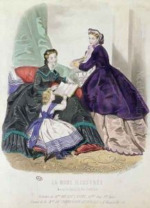 Fashion plate showing clothes designed by Madame Breant-Castel, from La Mode Illustree, 1864 by Anais (or Colin, Adele Anais) Toudouze
