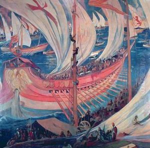 The Nau Ship detail of a picture representing the Catalan expansion in the Mediterranean during the 13th century by Joaquin Mir Trinxet
