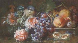 Grapes on the vine, figs, peaches, roses and morning glory resting on a stone ledge before a pool of water by Franz Werner von Tamm