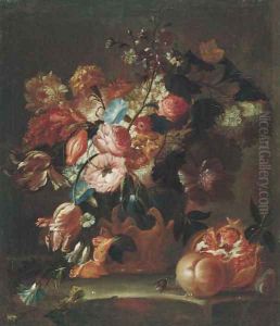 Flowers in sculpted urns with fruit on stone ledges