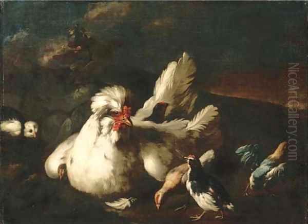 A hen and chicks in a landscape - view 1