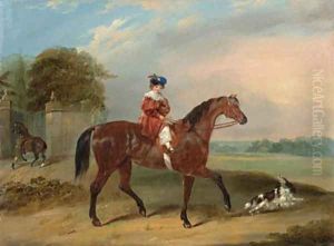 A child on a bay horse with a spaniel outside the grounds of an estate by Francis Calcraft Turner