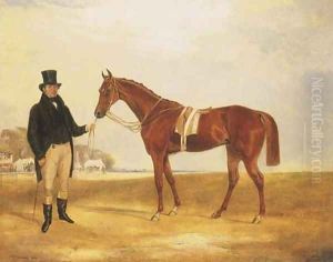 Zillot, a Chestnut Racehorse, held by his owner, Mr. F.R. Price on a racecourse by Francis Calcraft Turner