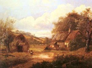 Landscape with figures outside a thatched cottage